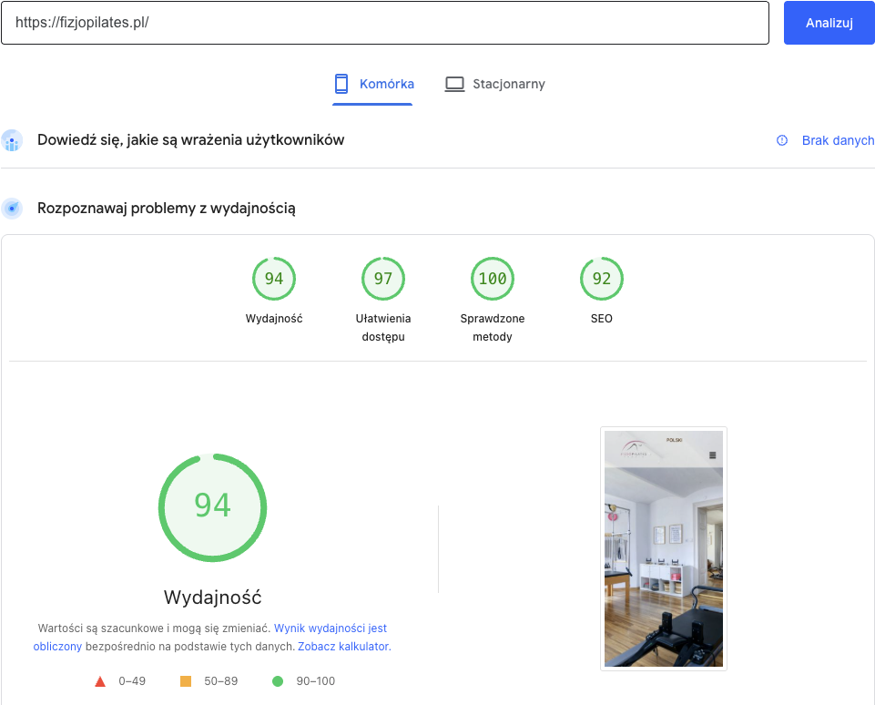 Wyniki PageSpeed Insights dla fizjopilates.pl