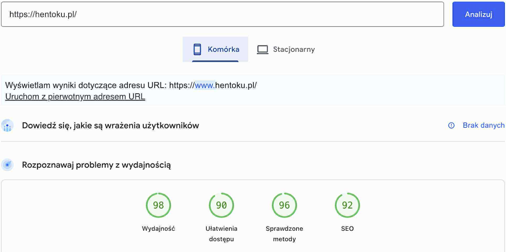 Wyniki PageSpeed Insights dla hentoku.pl